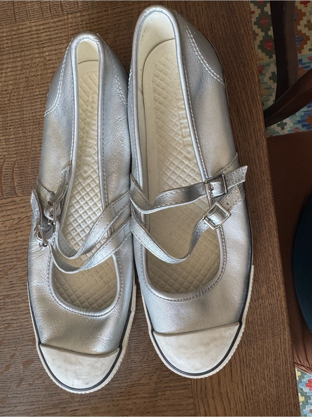 Metallic Silver Mary Jane Flats with Double Buckle Straps